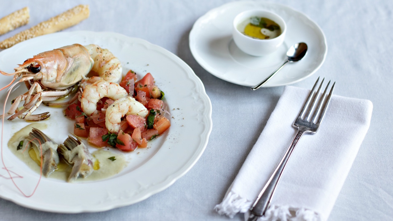 catalana di crostacei e carciofi speziati