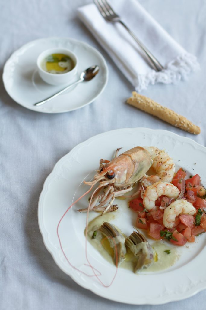 catalana di crostacei e carciofi speziati